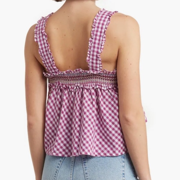 NWT FRENCH CONNECTION Adla Gingham Smocked Top Purple White $68 - Picture 2 of 3